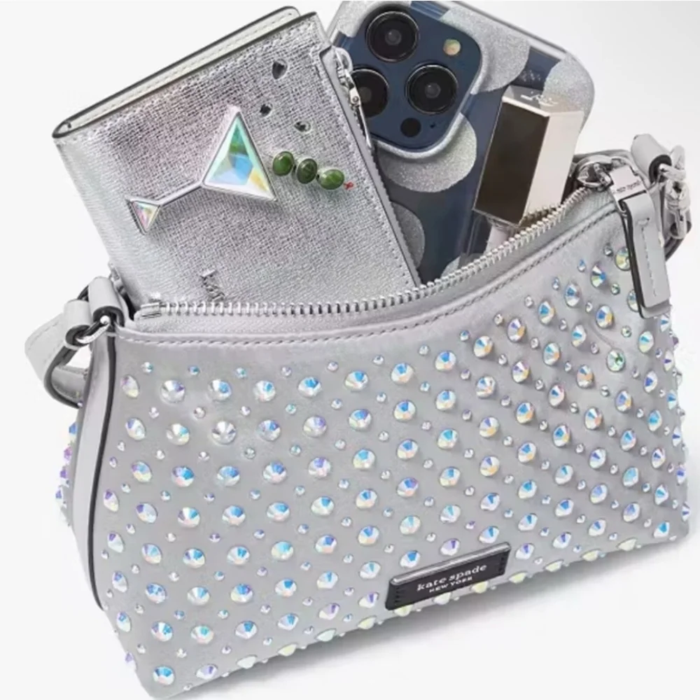 NWT Kate Spade Silver Lulu Crystal Embellished East West Pochette + Dusty